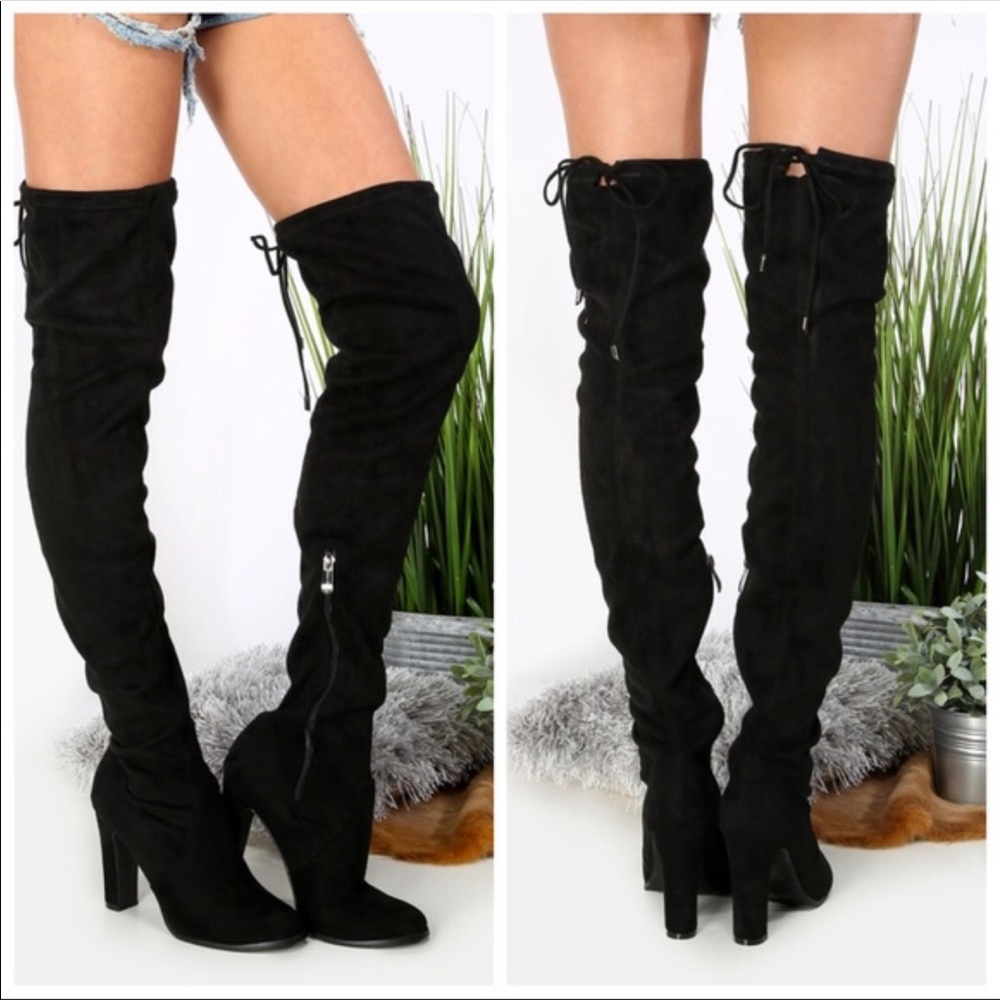 Black OTK fitted slouchy chunky heels boots